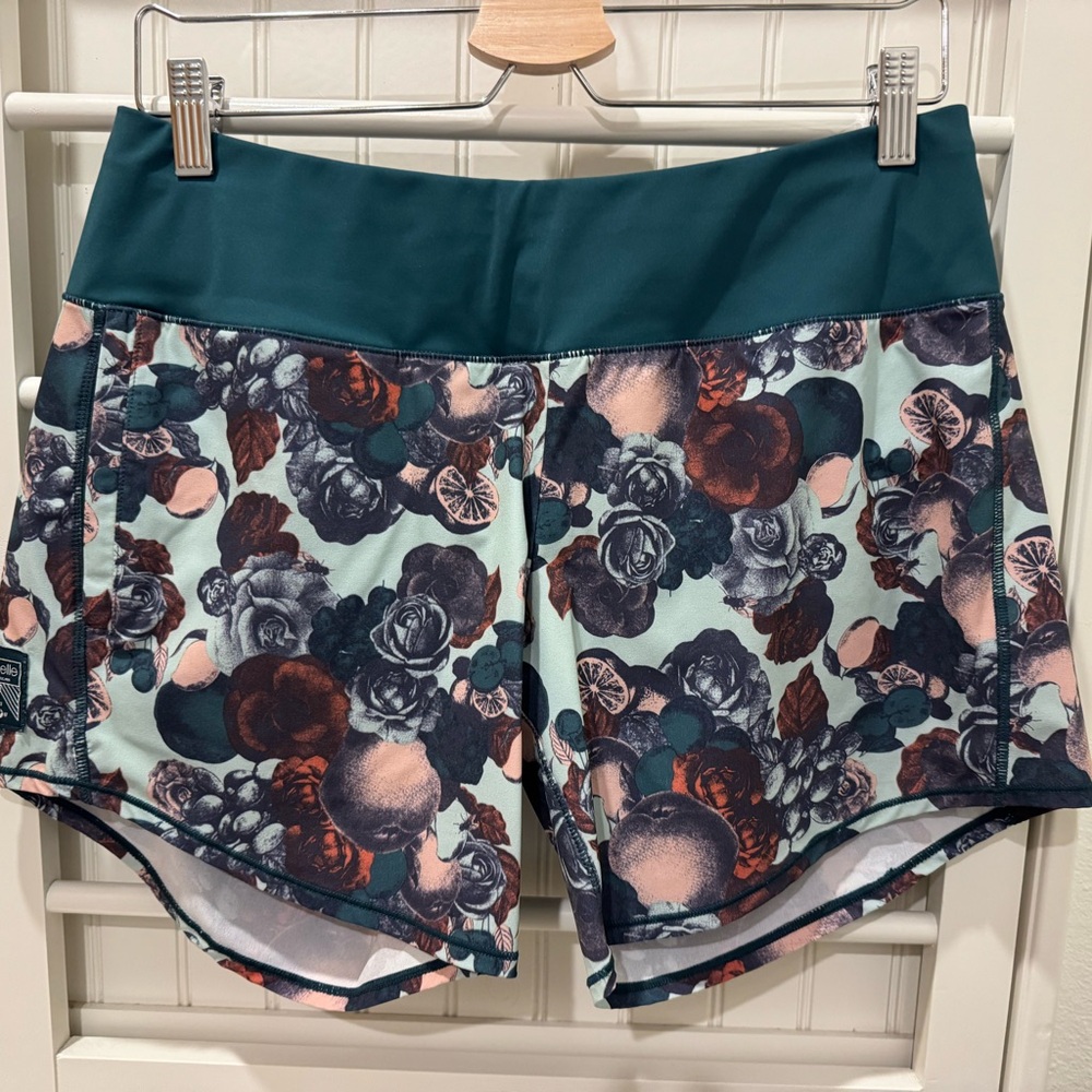 Oiselle Floral Athletic Shorts in Teal and Pink